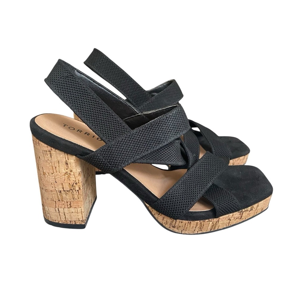 Torrid Platform Chunky Cork Heeled Sandals Size 8.5WW Black Strappy Open Toe